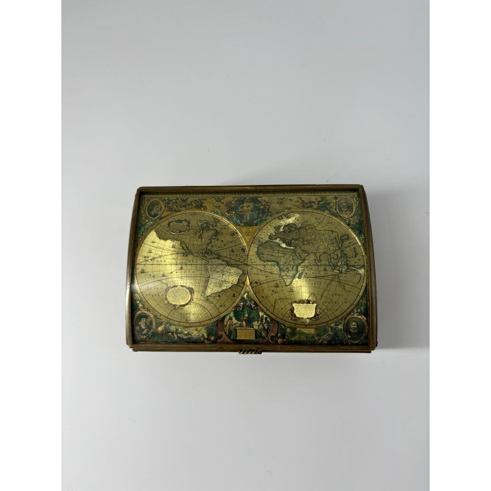 Vintage Brass & Glass Jewelry Box Old World Map Lid Trinket Display Case